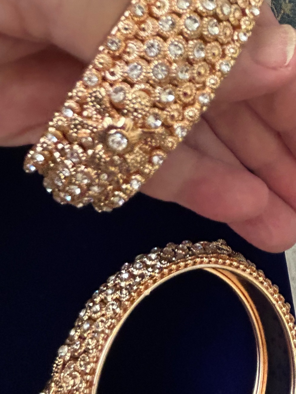 Rose Gold tone Textured Crystal Bangle Set of Two